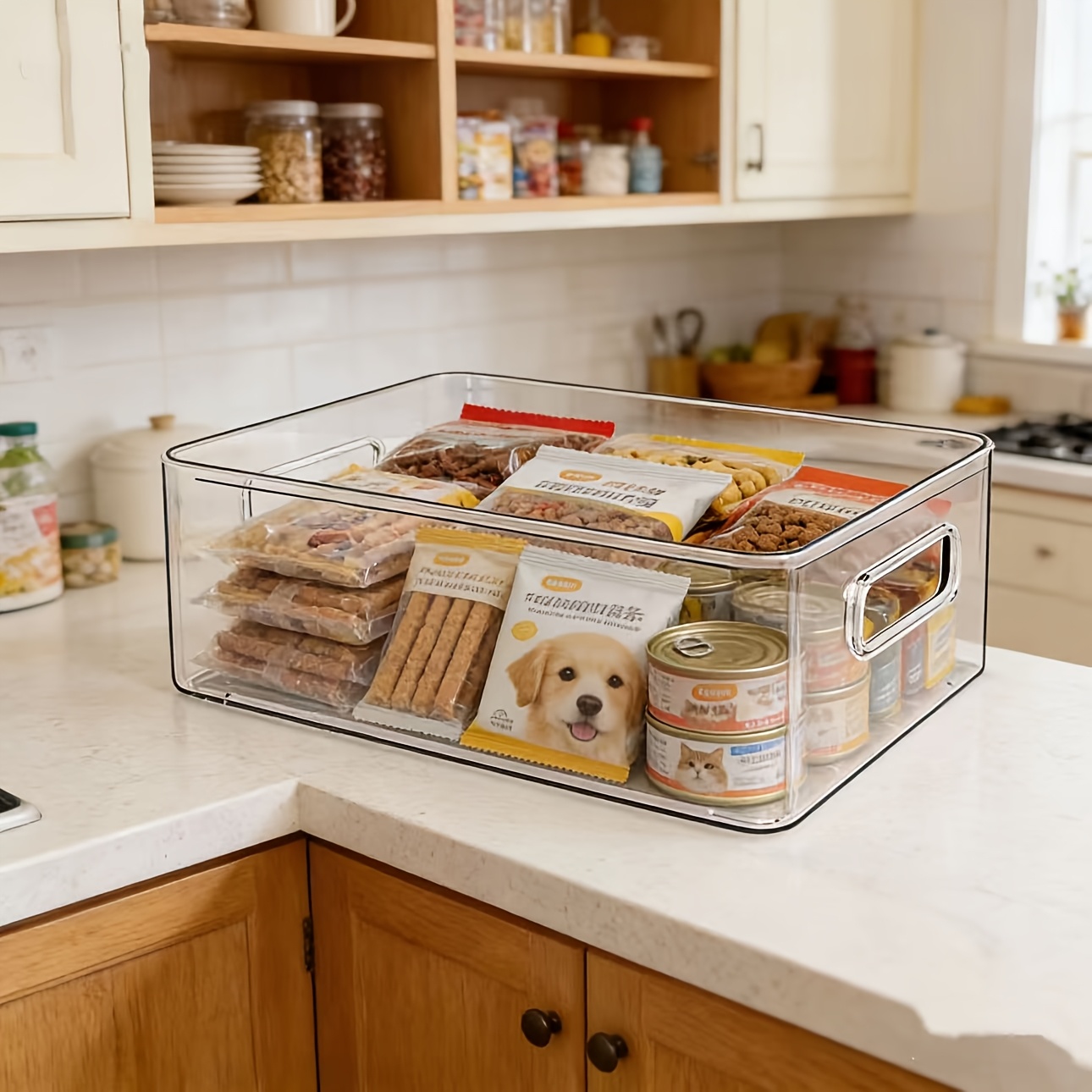 TEMU Clear Plastic Storage Box With Handle, Stackable Organizer Container, Transparent Shelf Basket For Pet Treats, Food, Kitchen Cabinet, Bathroom,
