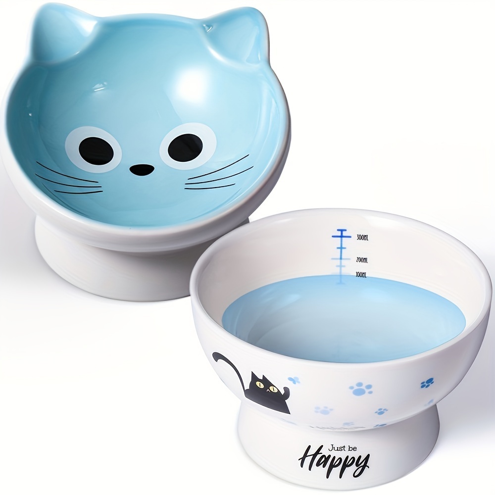 

2pcs/1set Ceramic Cat Bowls, Elevated 15 Tilted Design For Indoor Cats, Large Capacity, Easy To Clean, Non-slip Base, Cute Pattern, Suitable For Adult Cats, Kittens, And Small Dogs