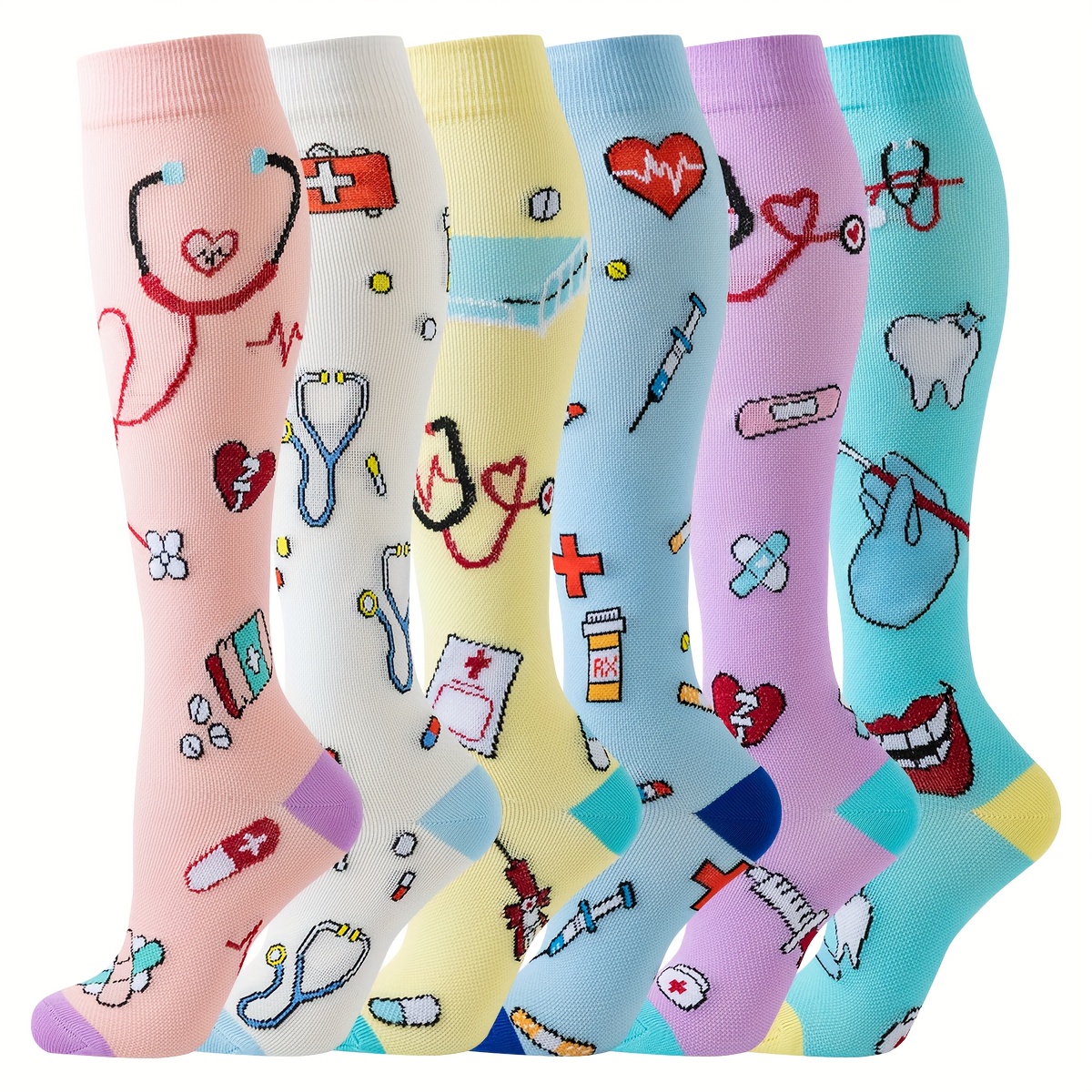 6 Pairs  -Themed Compression Socks - Nurse,  , Therapist - Pastel Colors (Pink, Yellow, Blue, Purple, White, Turquoise) with Heart &   Icons - Breathable Knee-High for   - Ideal for Nursing, Running, Cycling, Hiking - Graduated Compression for   Circulation - Ideal Gift for Nurses,  s, Healthcare Workers - Birthday, Mother s Day, Valentine s Present, Nurse Socks Compression, Plus Size Compression Socks for Women, High Compression Socks,