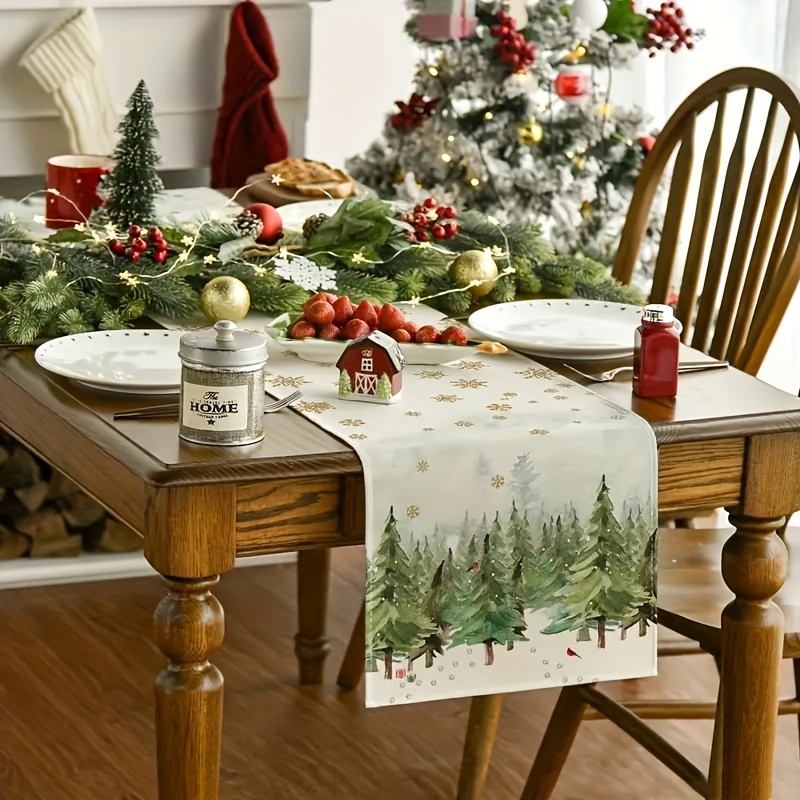 

1pc Christmas Tree, Snowflake & Red Table Runner - Woven Polyester Flower Pattern Rectangle Holiday Dining Decor For Christmas Festivities & Home Party