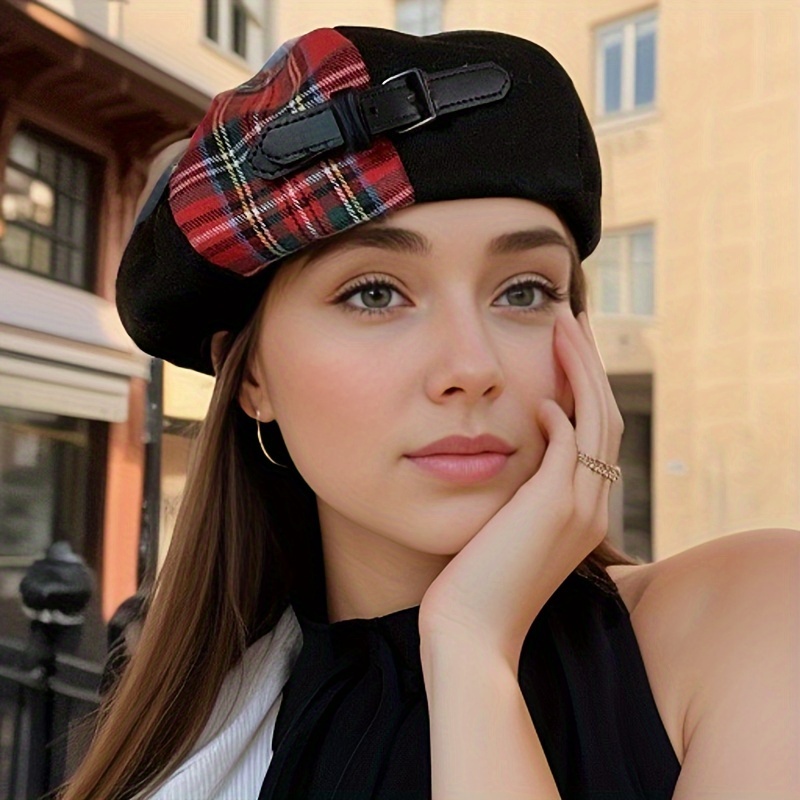 1pc 2024 New Style Red Beret Hat With Belt , Women's British Vintage Versatile Painter Hat For A , Adjustable For Large Head Circumferences, Versatile Small Beret Painter Hat