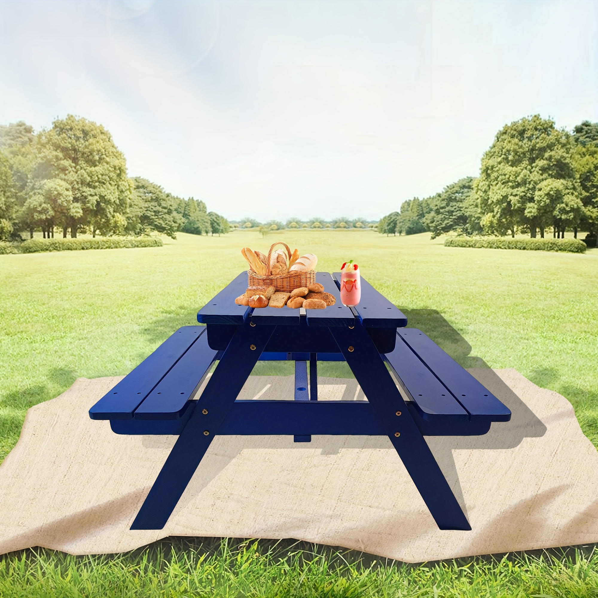 

1set Wooden Picnic Table With Bench Seats, Blue Outdoor Furniture, Durable And Easy-to-clean Wood Material For Garden & Backyard Use