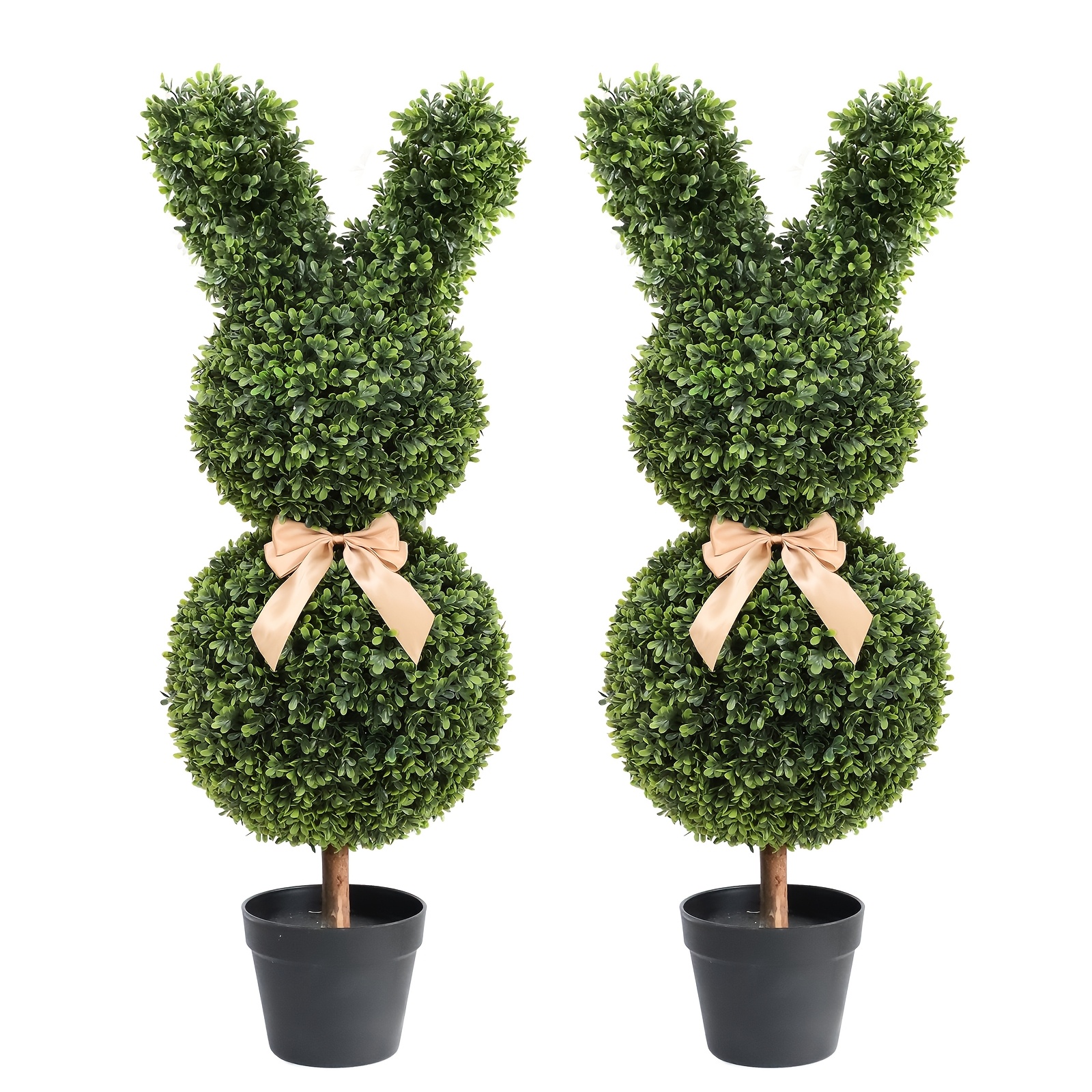 TEMU 2-pack 3ft Artificial Boxwood Bunny Topiary Plant With Bow | Indoor Outdoor Decor, Easter Spring Decoration, Faux Greenery For Home Garden, Includes Container