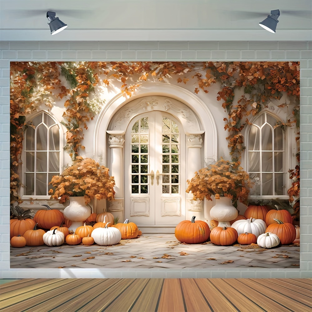 

1pc, Autumn Photography Backdrop, Vinyl, Pumpkin Dead Leaves Log Cabin Pattern Decoration, Birthday Cake Table Farm Harvest Banner, Thanksgiving Party Supplies Portrait Photo Booth Props