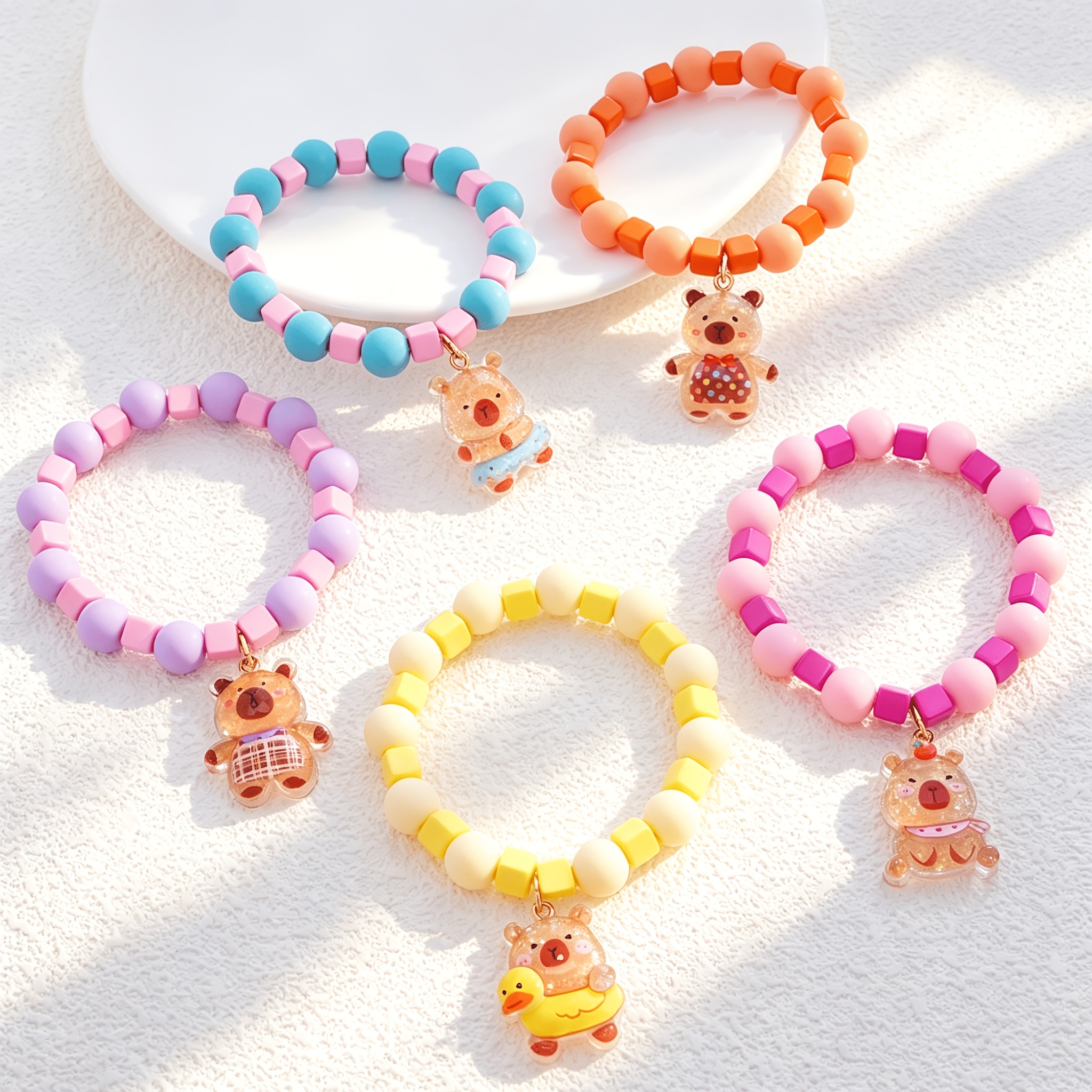 TEMU 5pcs 5pcs Suitable For Girls' Capybara Charm Bracelets - Capybara-themed Stretch Bead Jewelry With Capybara Charms, Multicolor Beads & Capybara