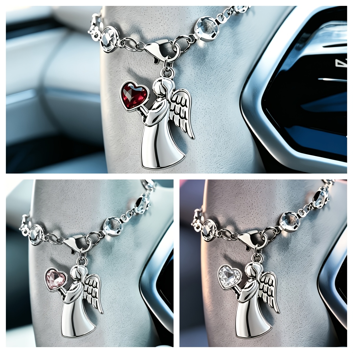 Image of 3pcs Set Colorful Heart-shaped Zirconia Elf Guardian Pendant Steering Wheel Chain, Women' Charm, Car Accessory, New Car Gift