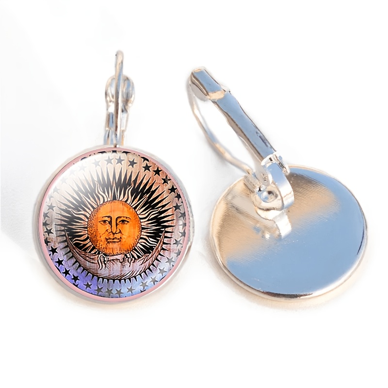 2pcs Set Round Glass Earrings with Radiant Sun Face Design