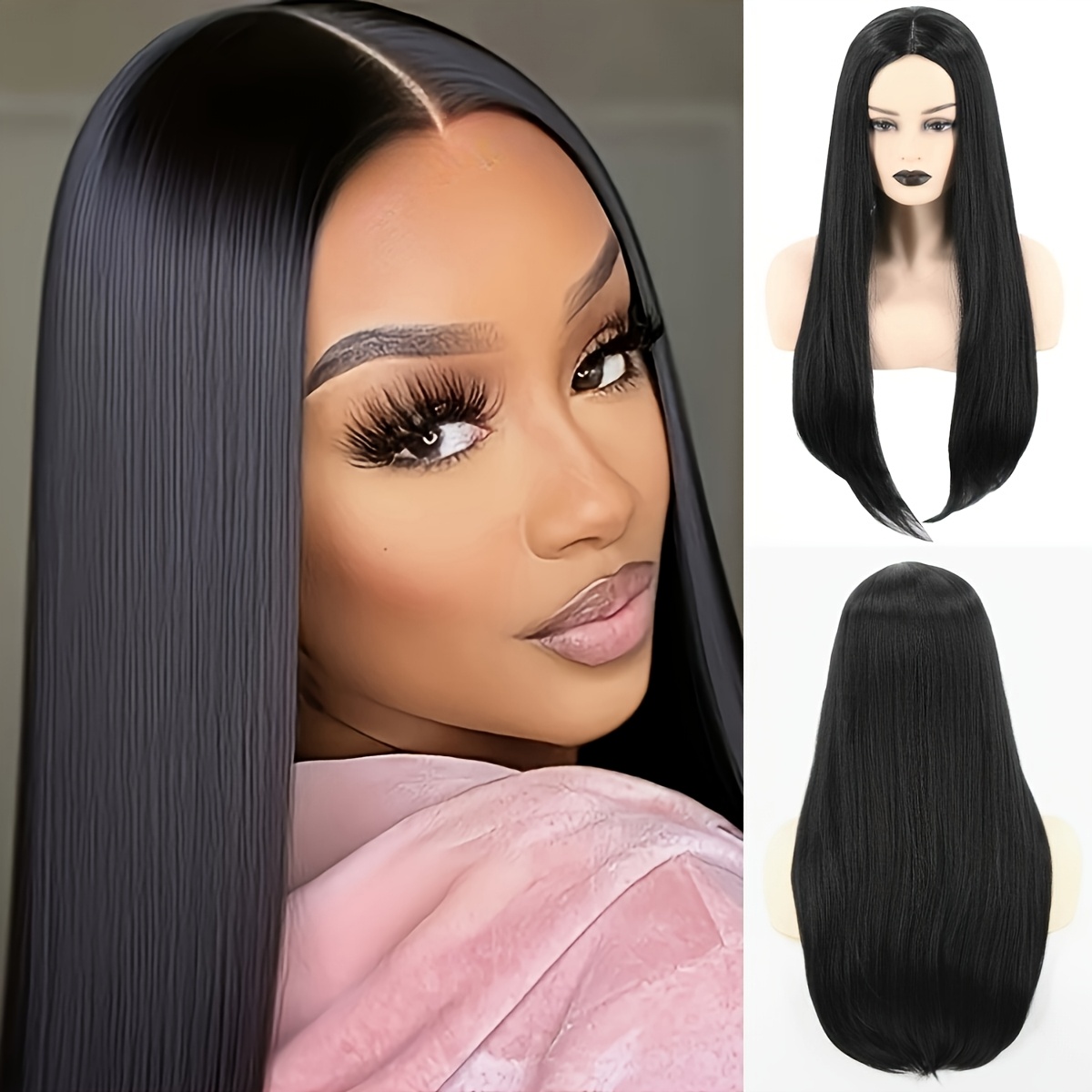 TEMU Women'-inch Long Straight Wig, Heat-resistant Synthetic Fiber, Middle Part, Smooth And Easy To Manage, Net Cap, Suitable For Women' Wear,