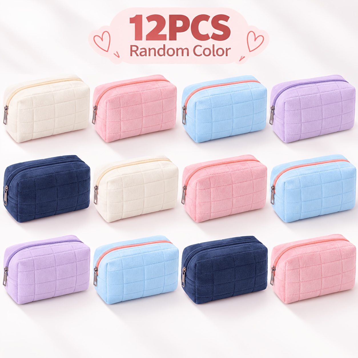 TEMU Ensemble de 12 de Cosmétique de couleurs aléatoires avec fermeture éclair - Organisateur de voyage pour femmes, 4 couleurs, trousse de toilette