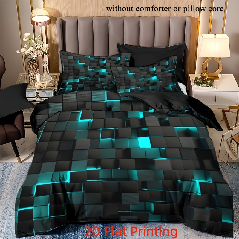 Image of [2d Flat Printing] 2/3pcs Duvet Cover Set (1 X Duvet Cover And Pillowcases, Without Core), Red, Orange, Blue Grid Print Bedding, Soft Comfortable Duvet Cover, For Bedroom