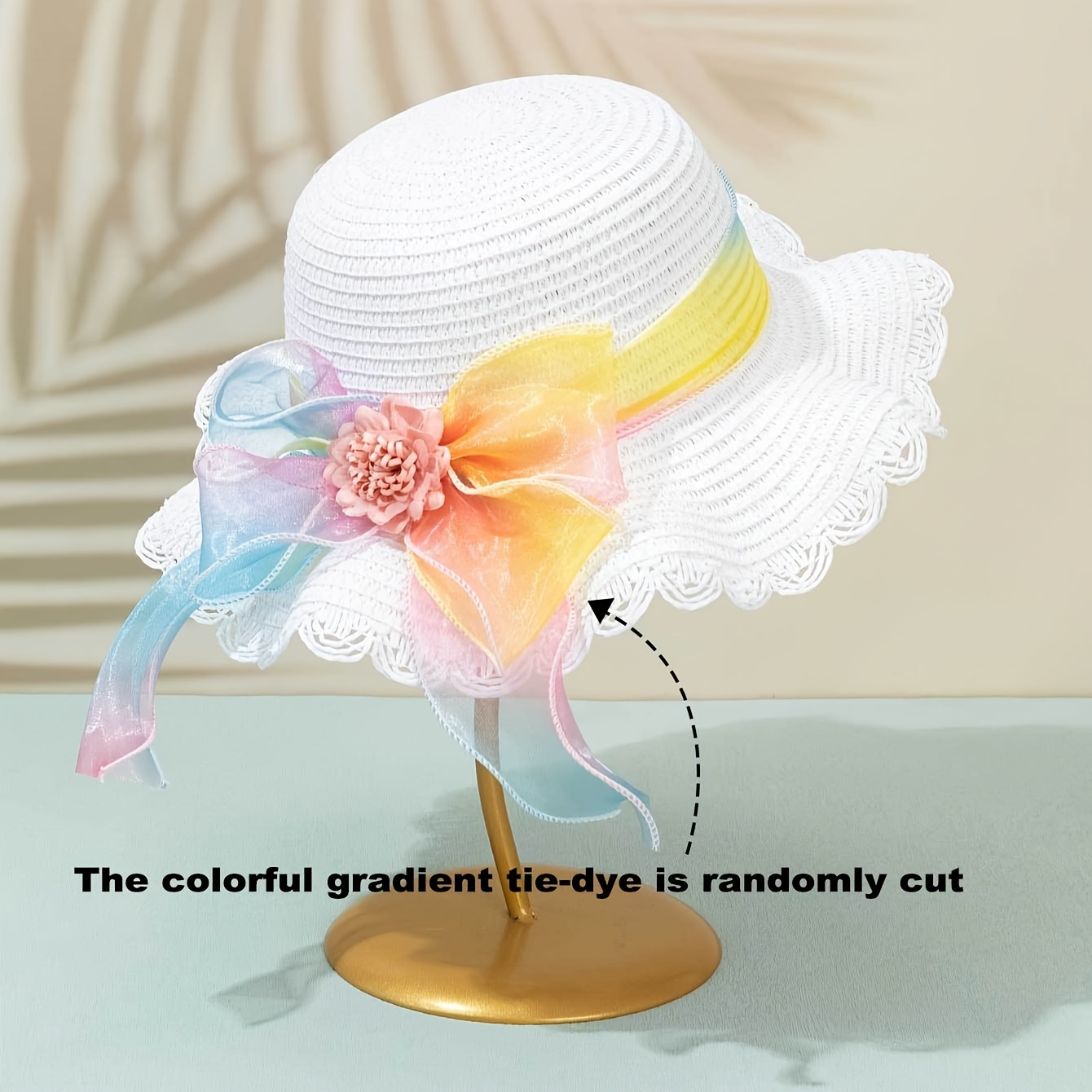 Image of 1pc Of Cut Sweet And Cute White Breathable Wavy Straw Hat For Boys And Girls Decorated With Flower Bows And Colorful Gradient Mesh. Suitable For Summer Outdoor Vacation Wear, Beach Sun