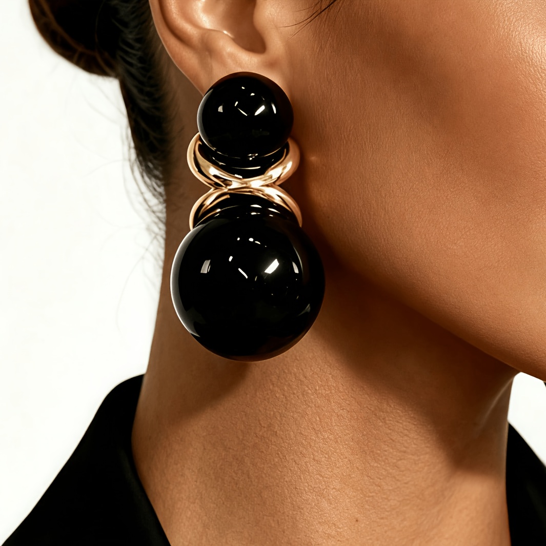 TEMU A Pair Of Women's Fashionable Large Stud Earrings With Vintage Acrylic Bead Pendant Earrings, Featuring A Metal Wrap-around Spliced Design. This