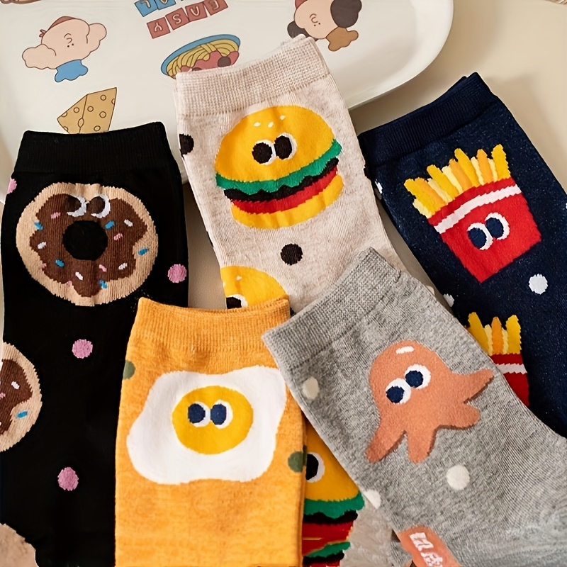 TEMU 5 Pairs Random Novelty Crew Socks, Cute (octopus, Fries, Burger, Egg, Donut), Soft Breathable, Fun Whimsical Style For Food Lovers & Everyday
