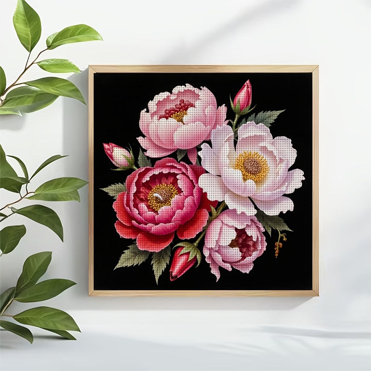 DIY Cross-Stitch Printing Kit Featuring Peony on Black Background, Perfect for Beginners