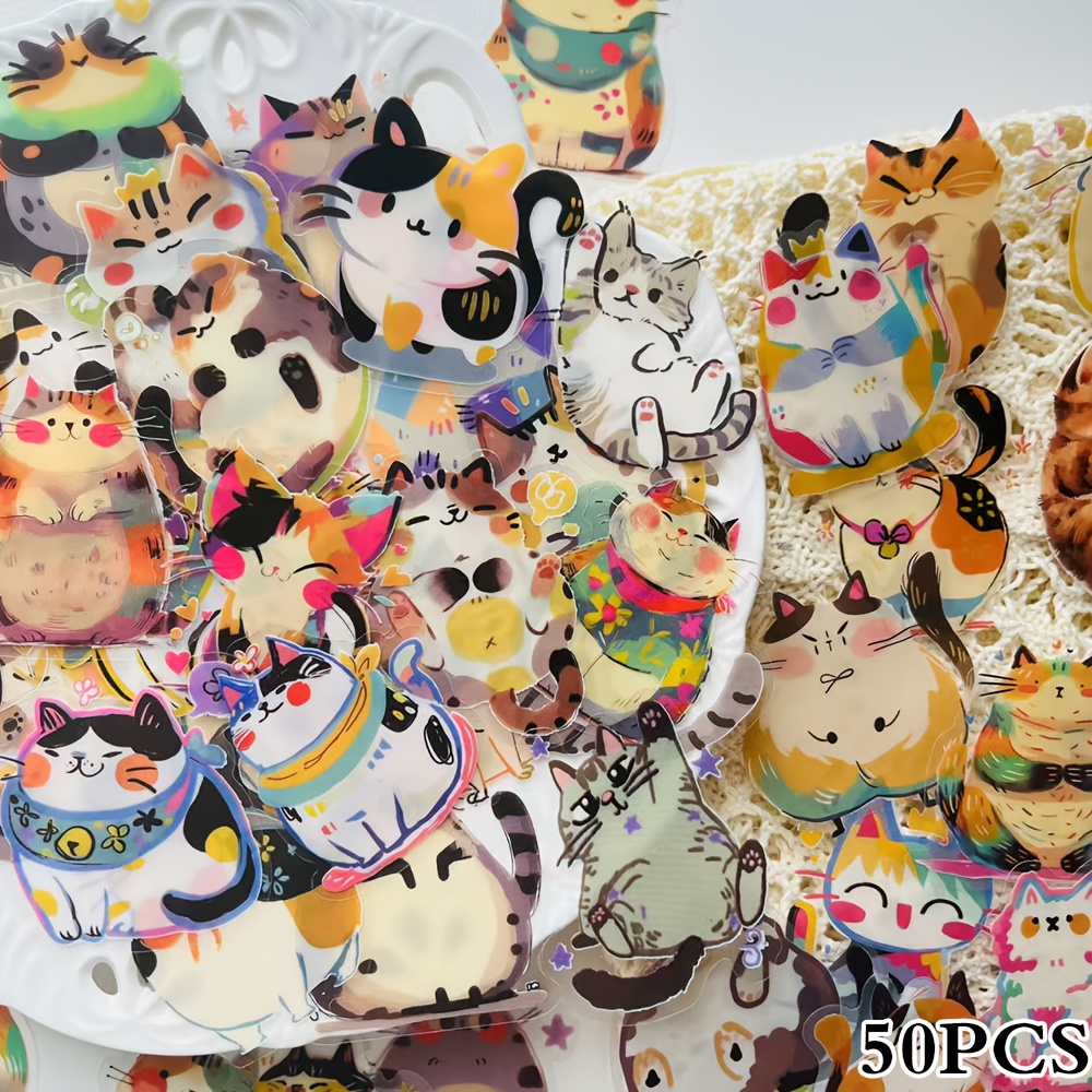 50pcs Versatile Cat Transparent Stickers, Cartoon Animal Decals For Luggage, Laptop, , Diary, Skateboard, Guitar, Helmet, Phone Case Diy Decoration