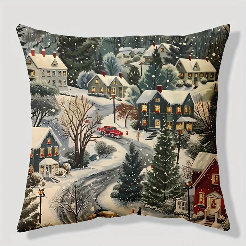 

Christmas Eve Snow Scene Linen Throw Pillow Cover 17.7"x17.7" - Zippered, Machine Washable For Sofa, Living Room & Bedroom Decor