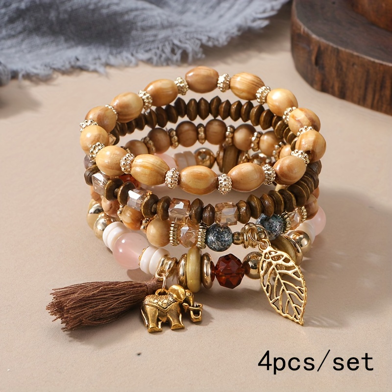 TEMU 4 Piezas/juego Árbol De Colgante Multicapa Pulsera De Cuentas Pulsera De Cuentas Redondas De Madera Pulsera Bohemia étnica Accesorios De Joyería