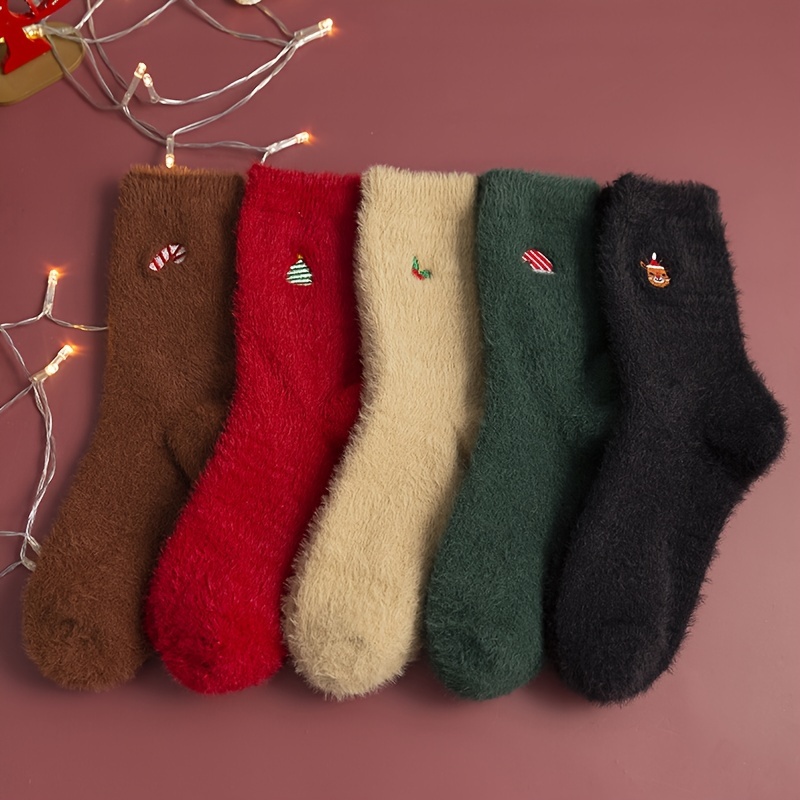 

5 paires de chaussettes de Noël à , chaussettes épaisses et chaudes en fourrure mi-hautes pour et l'hiver, bas et bonneterie pour femmes