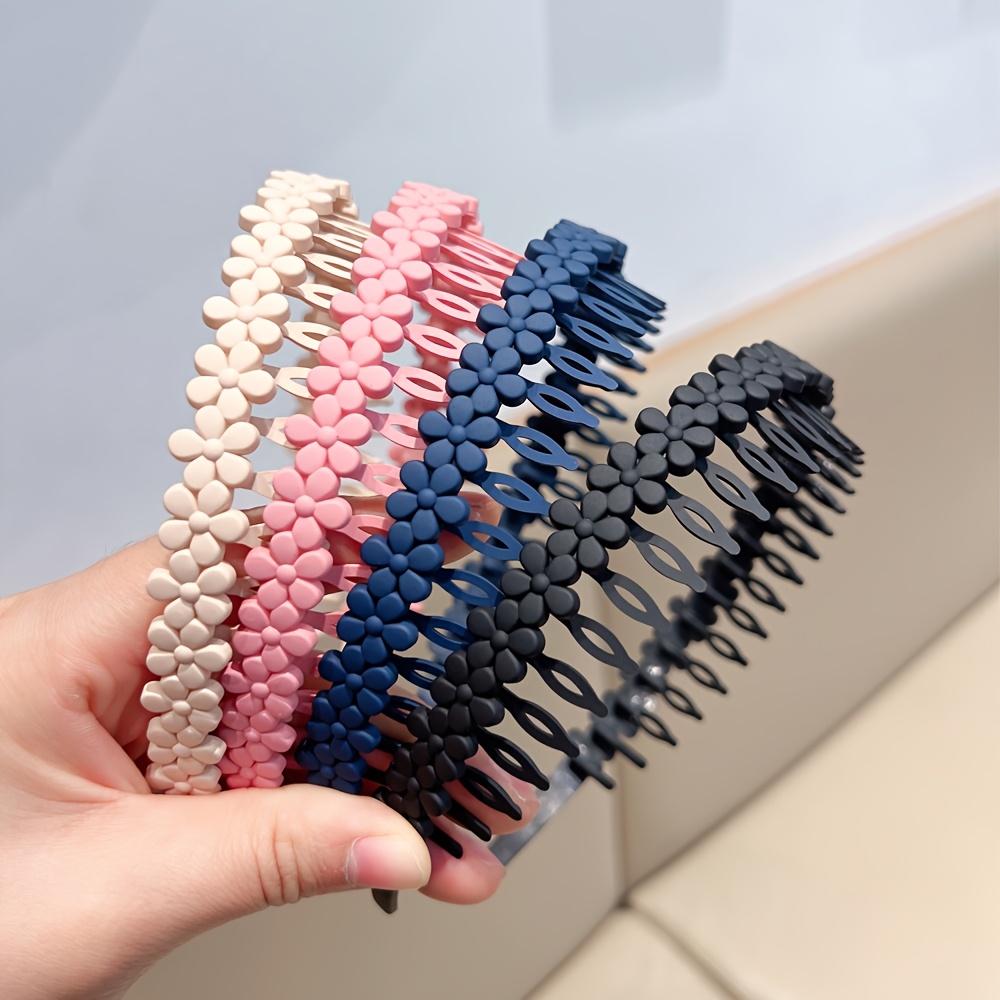 E-shop 4er-Pack Damen-Stirnbänder mit Zähnen, rutschfest, geeignet zum Gesichtwaschen, als Haargummis & zur Stirnhaarkontrolle – Matte einfarbige