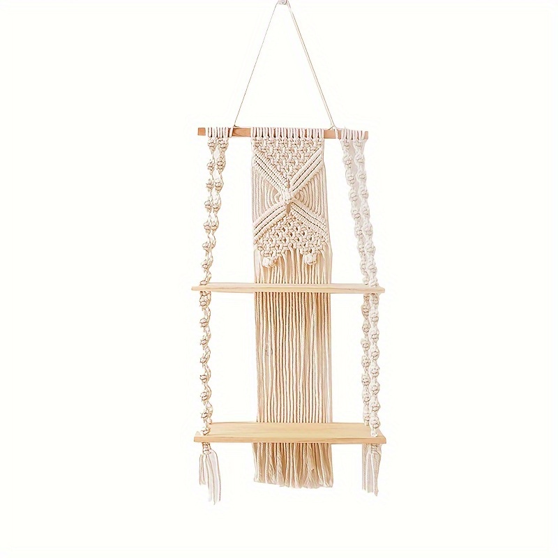Boho Chic Handcrafted Macrame Floating Shelves - Wood Hanging Wall Shelves With Fringe, 2-tier Decorative Plant Display Shelf, Versatile Bohemian Storage Rack For Living Room, Bedroom, Home Decor