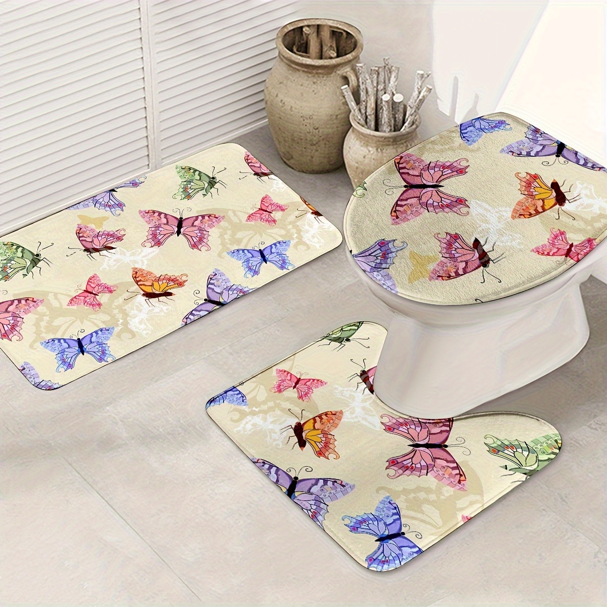 

Bathroom Rug Set, 3-piece Washable Knit Polyester Bath Mat Set With Non-slip Backing, Includes Bath Mat, Contour Mat, And Toilet Cover Pad - Machine Made, Machine Washable