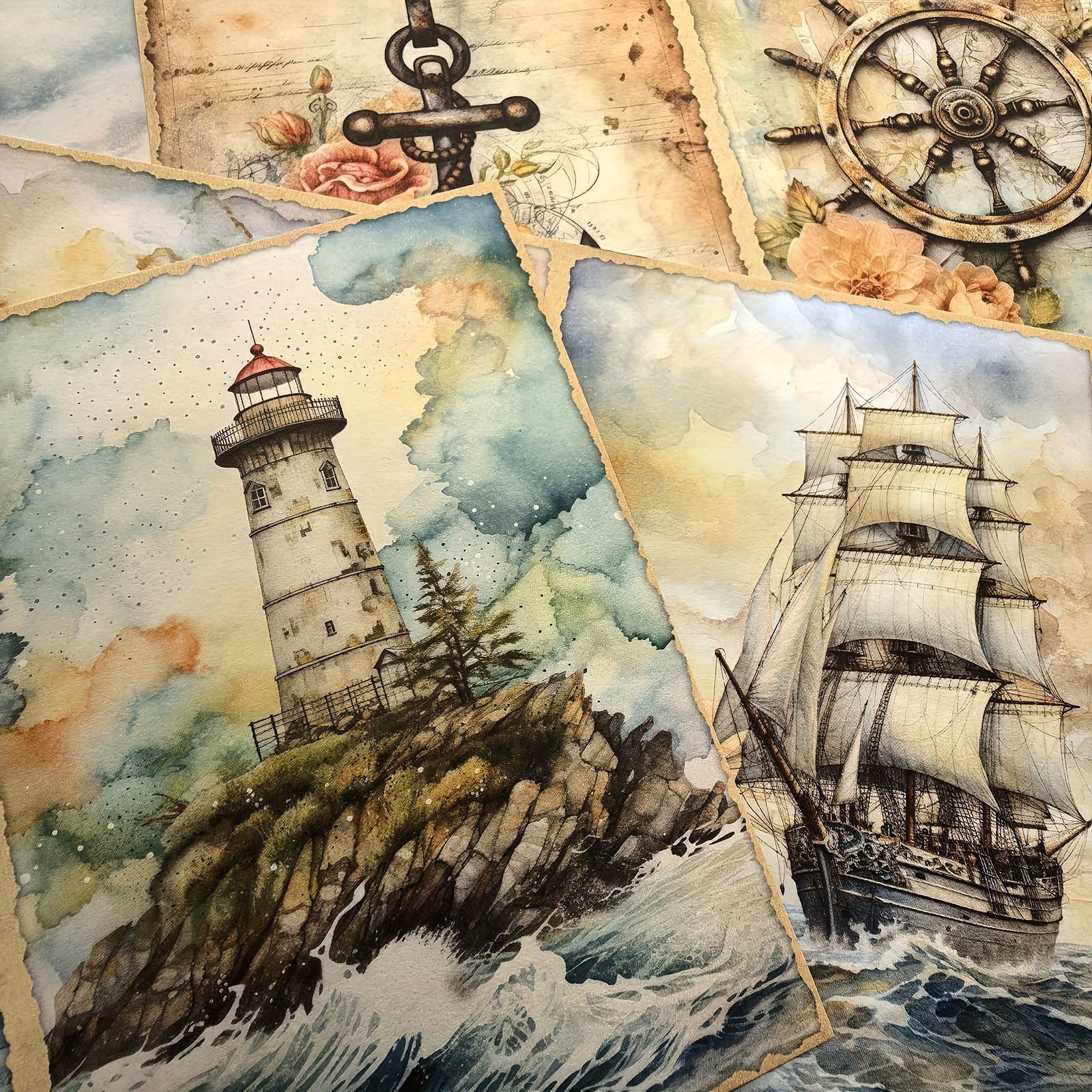 

Vigus 10-pack Watercolor Ocean Dreamscape Themed Scrapbooking Paper Set, Recyclable Artistic Craft Sheets, A5 Size - Nautical Lighthouse, Ship, Seashells, Imagery For Journals And Diy Projects