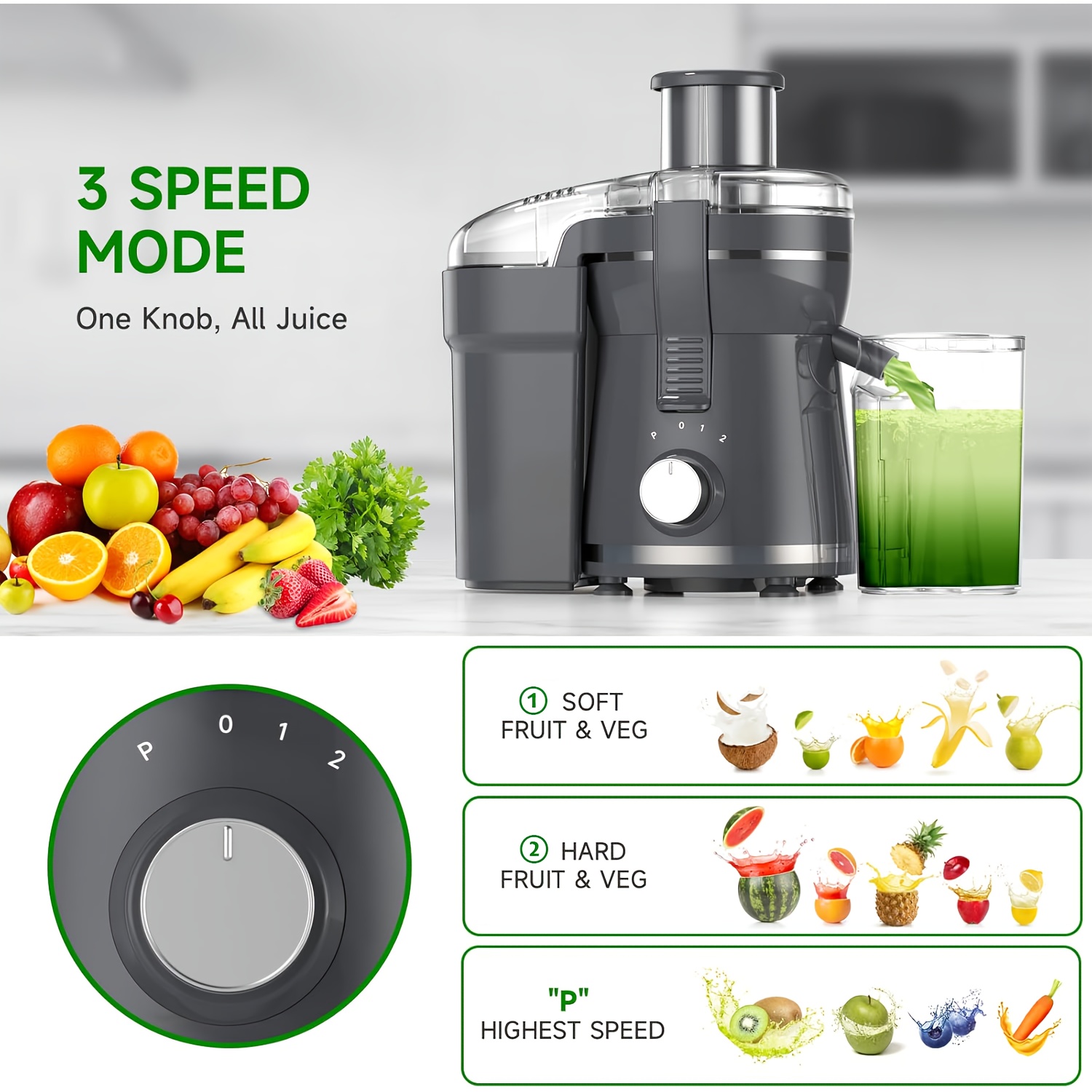 500W Centrifugal Juicer Machine with 3" Feed Chute, Dual Speeds, Stainless Steel, Dishwasher Safe, Detachable – Available in Green or Red