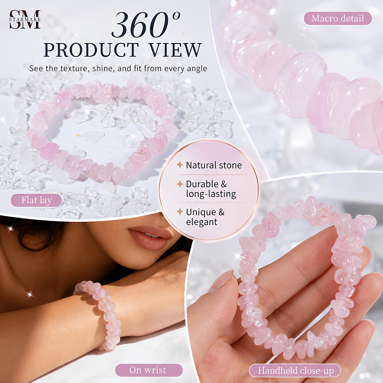 Women's SM Rose Quartz Chip Stretch Bracelet, Boho Style