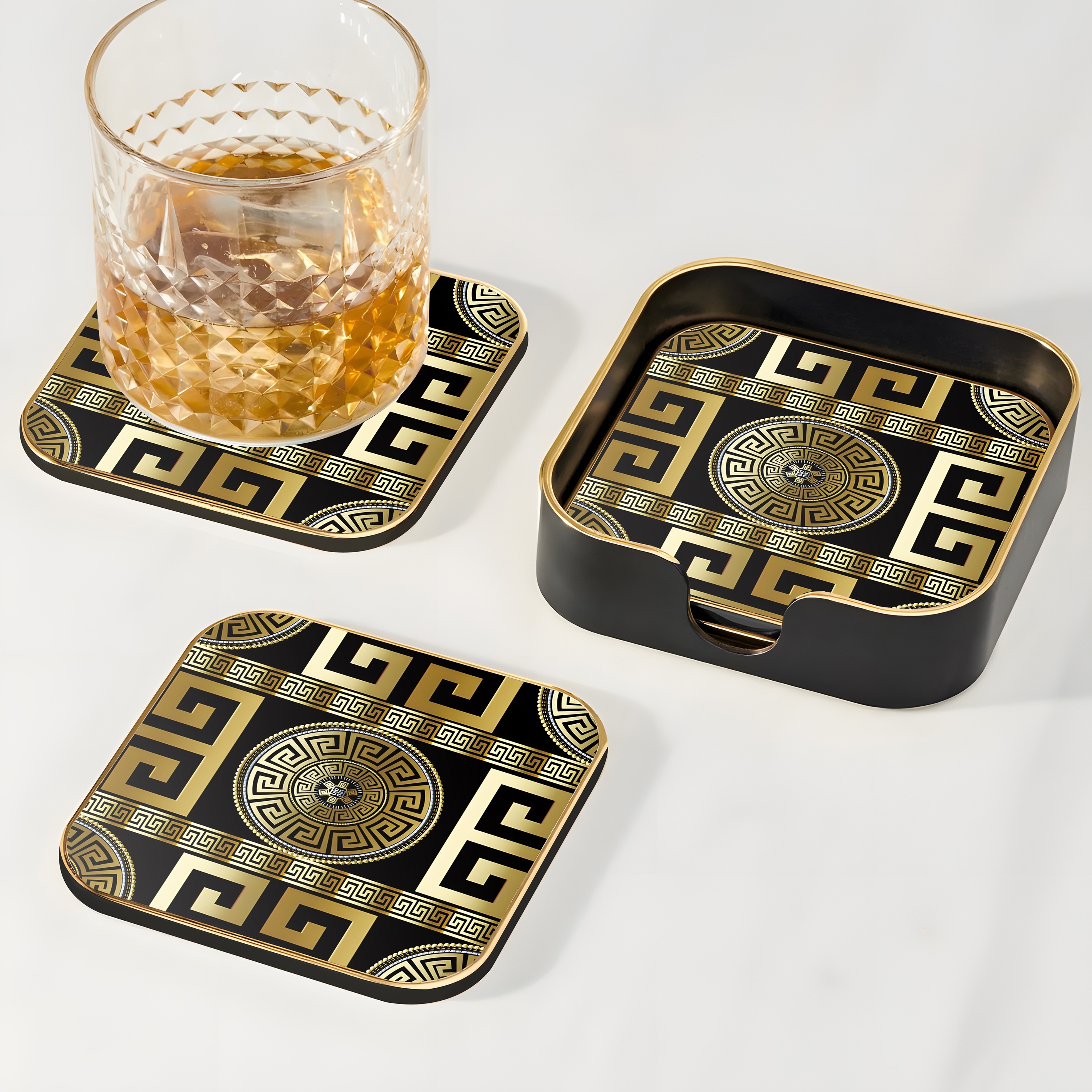 

Set Of 4 Glass Coasters With Geometric Greek Key Design In Black And Golden For Home, Office, Bar, Kitchen, Dining, Living Room, Bedroom, Nursery