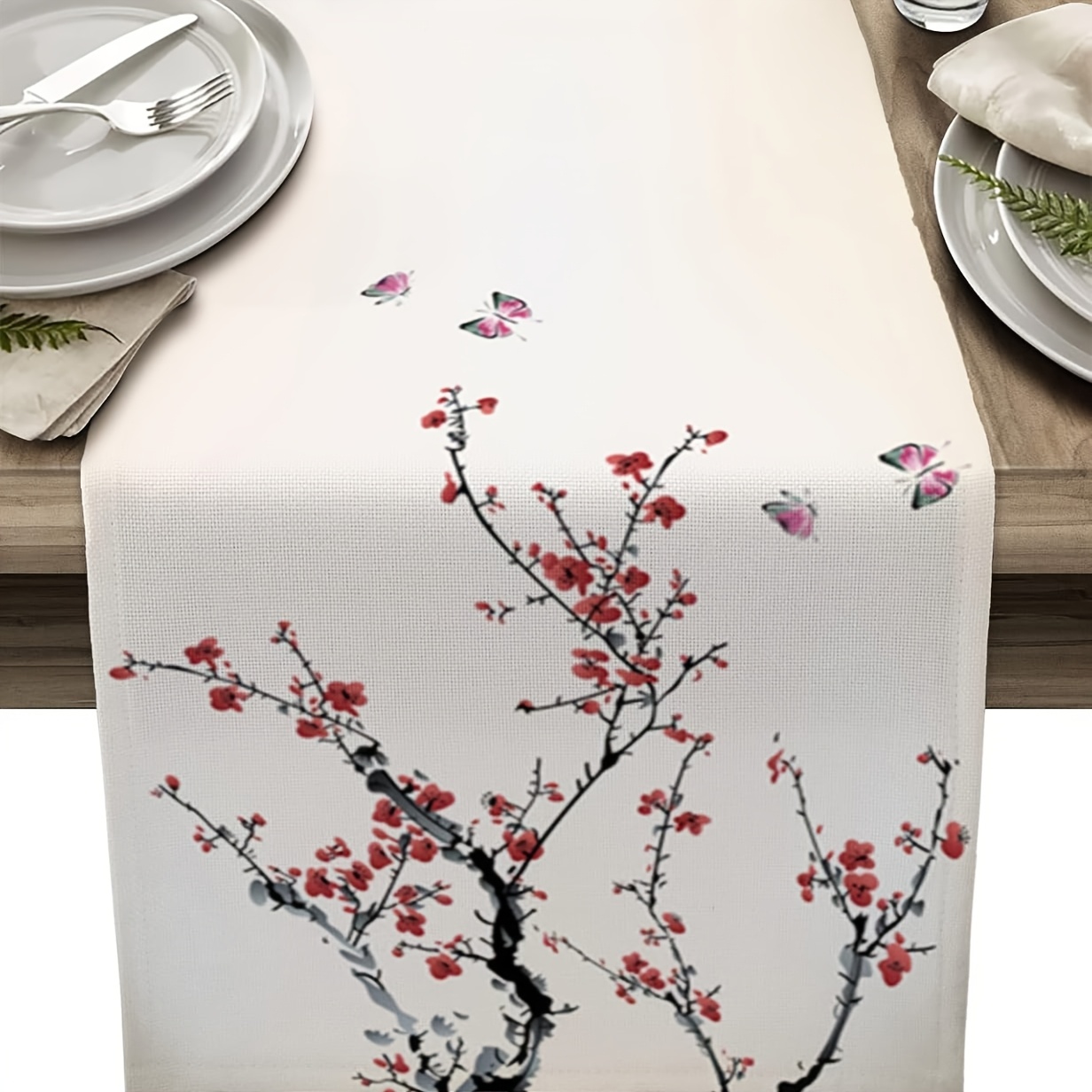 

1pc Linen Chinese Plum Blossom & Table Runner, 100% Linen Woven, Non-slip, Washable, Rectangular Dining Decor For Farmhouse, Party, Holiday, 13x48/13x72/13x108 Inch