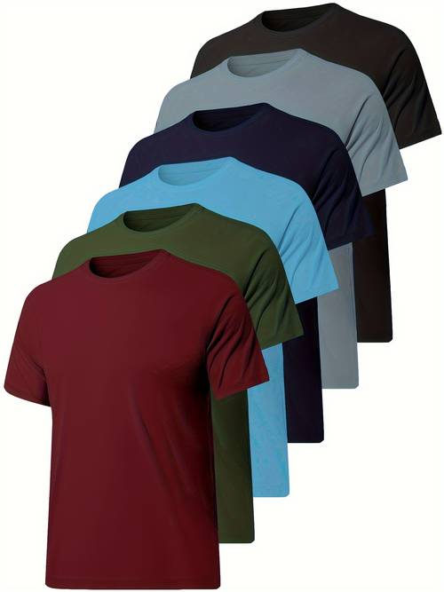6pcs Solid Casual Sports Men's Short Sleeve Crew Neck T-shirts Set, Summer Outdoor