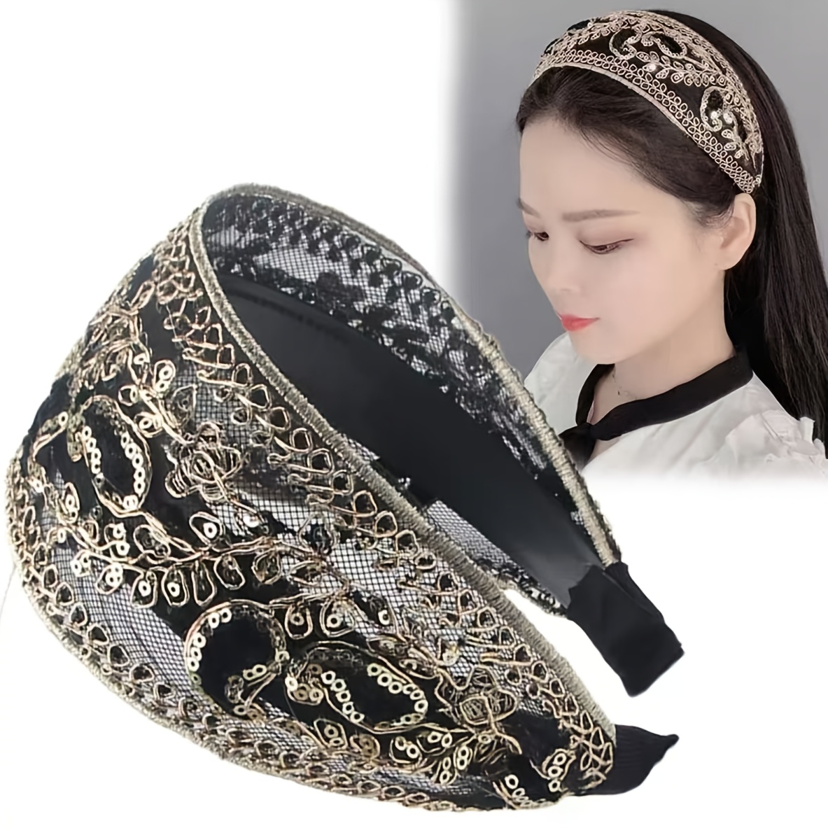 Headband White Concealing Ethnic Style Embroidery Tooth