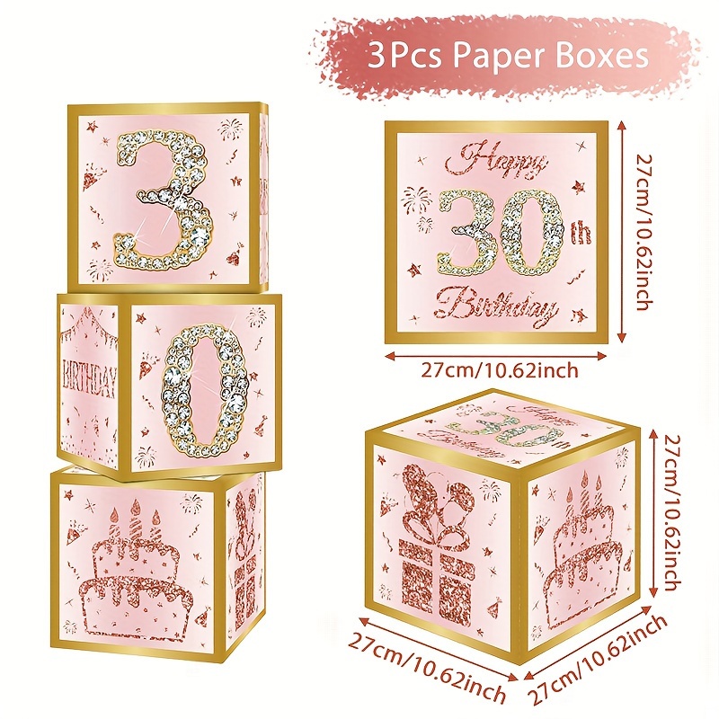 3pcs,30th Pink Golden Paper Box,27cm,happy Birthday Gift Box,30th Theme Birthday Party Decoration,happy Birthday Party Decoration,birthday Party Supplies,party Gifts,background Decoration