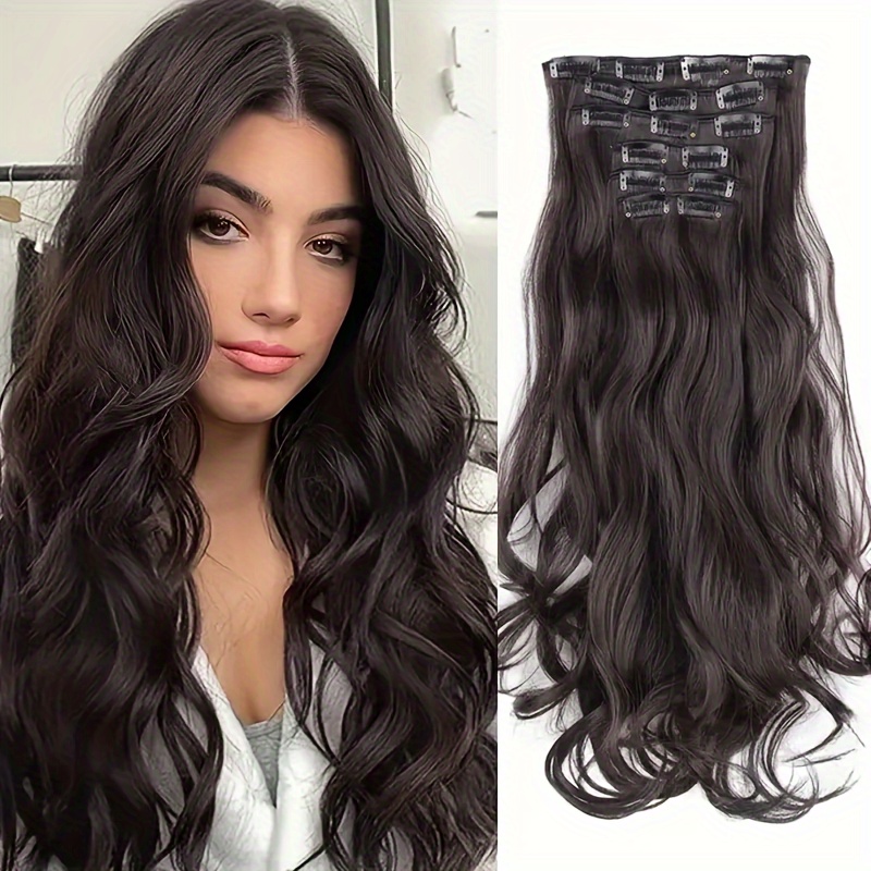 Image of Clip-in Long Wavy Synthetic Hair Extension 20 Inches Dark Brown Mixed Light Brown Thick Hair Piece Fiber Double Weft, Suitable For Women