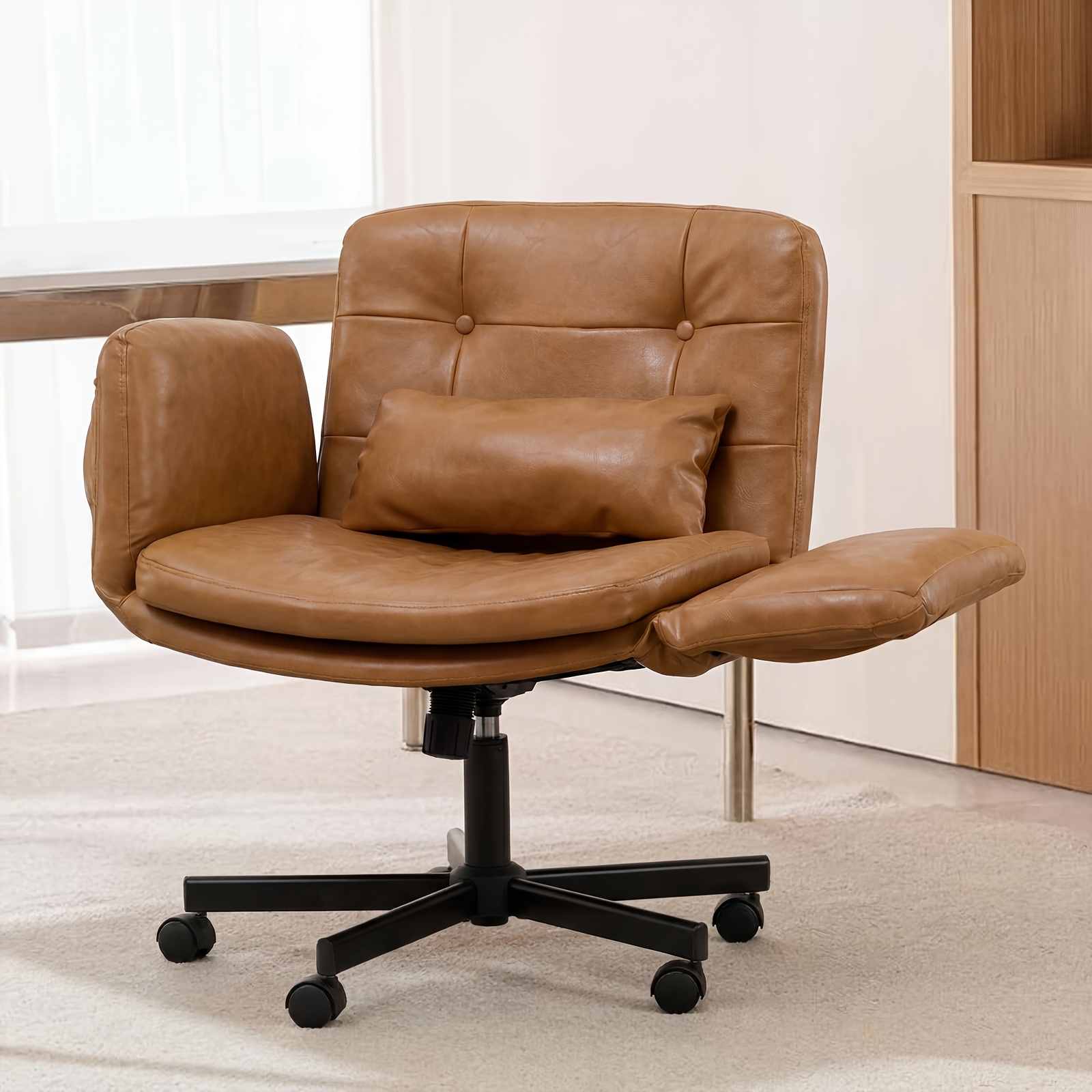 Image of Cross Chair With Adjustable Armrest, Cross Legged Office Chair With Lumbar Pillow & Wheels & Side Pockets, Swivel Vanity Chair, Desk Chairs For Home Office, Bedroom, Make Up