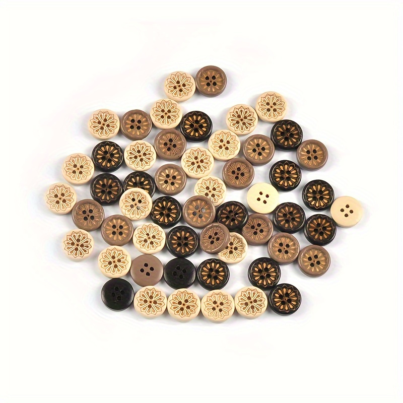 50pcs 1.5cm Vintage Multi-angle Lotus Wood 4-hole Buttons Handmade Creative Sewing Wood Craft Decorative Additions