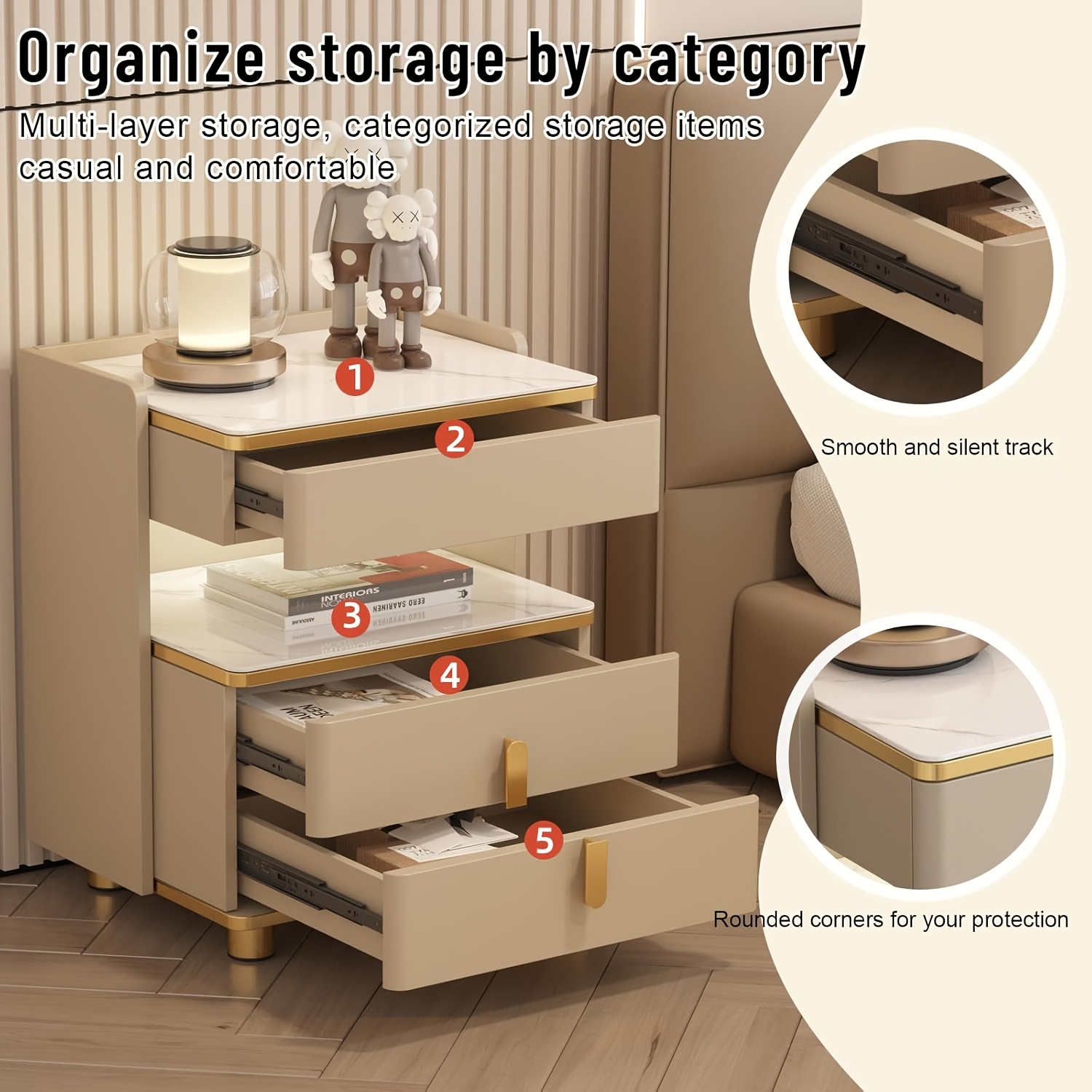 Modern Marble-Top Nightstand with Golden Trim, 3-Drawer Beside Table with Open Shelf, Tempered Glass Countertop, Rounded Corners And Silent Slides for Bedroom, Luxury Minimalist Storage Cabinet 1/2pcs