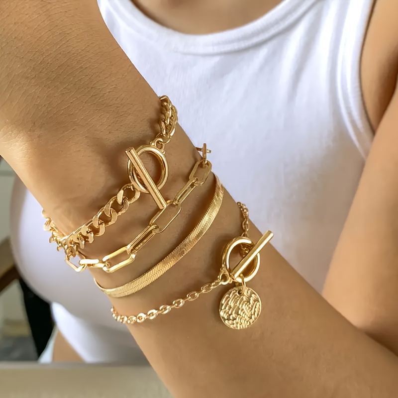 

4pcs/set, Punk & Simply Style, Golden Alloy Hollow Chain Bracelet, Fashion Unique Accessory For Daily Wear & Party, Idea Gift For Ladies