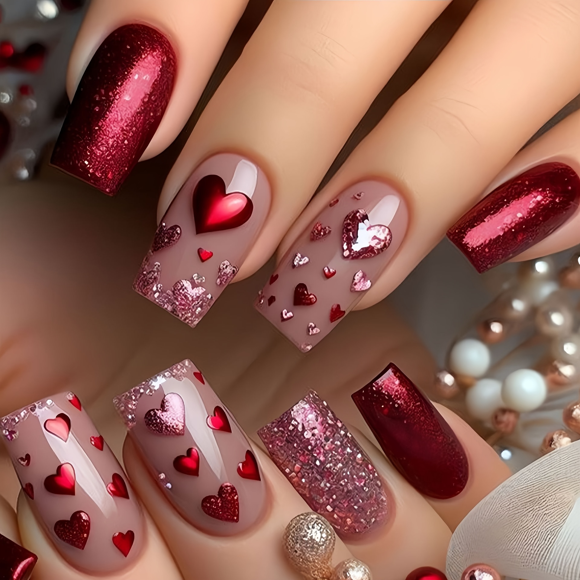 TEMU 48pcs Handmade Press-on Nails Suitable For - Valentine's Day: Long Square 3d Heart & Rose Nail Art With Accent, Pink- Glossy Manicure, Removable