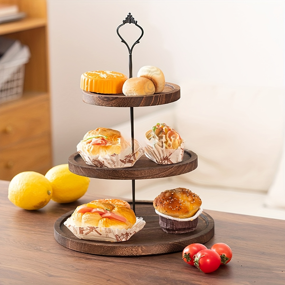 TEMU 1pc 3 Tier Wooden Multi-tier Cake Plate Solid Wooden Iron Tall Tray Dim Sum Fruit Plate Dessert Decoration Tray Cake Stand Round Acacia Wooden