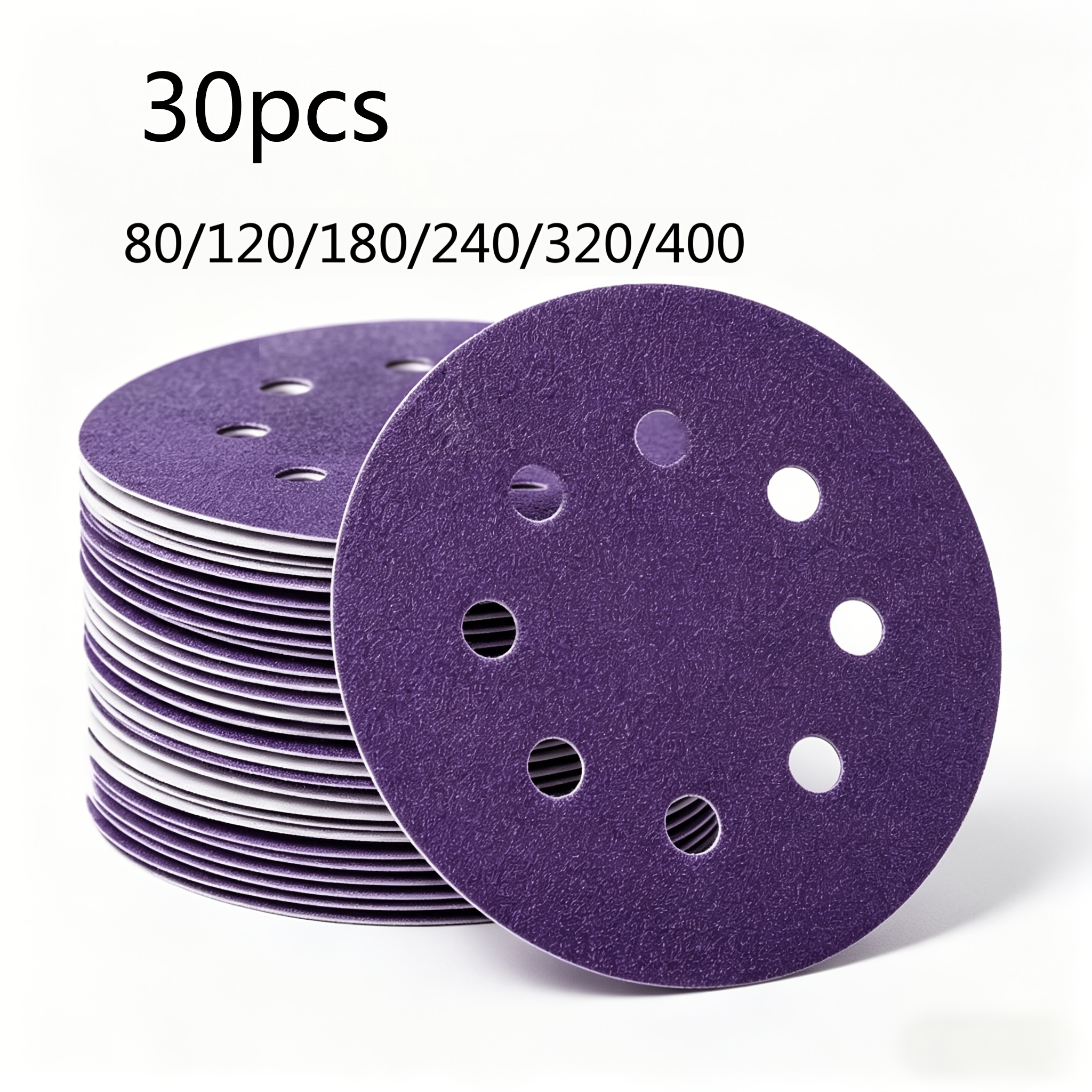 TEMU 30pcs Disques de ponçage mixtes en céramique violette grain 80/120/180/240/320/400, 5 pouces, 8 trous, extraction de poussière, tampons de ,