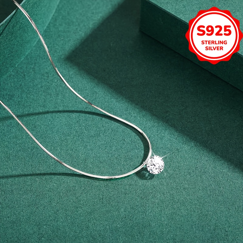 Women's S925 Sterling Silver Snake Chain Necklace with Cubic Zirconia Pendant