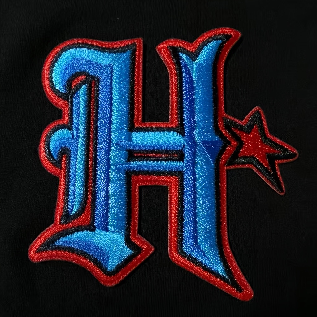 TEMU 1pc Fashion Letter H, With Star Embroidery Patch, Blue And Red Ironing/sewing Decorative Cloth Patch, Suitable For Jackets, Backpacks, Hats