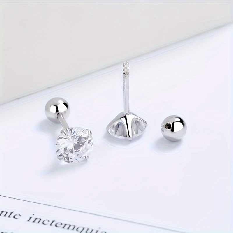 A Pair Of Super Sparkling Synthetic Synthetic Zircon​​ Earrings, Titanium Stainless Steel Four-claw Threaded Ear Bone Studs, Ear Piercing Studs, Non-detachable Studs, Suitable For Men And Women