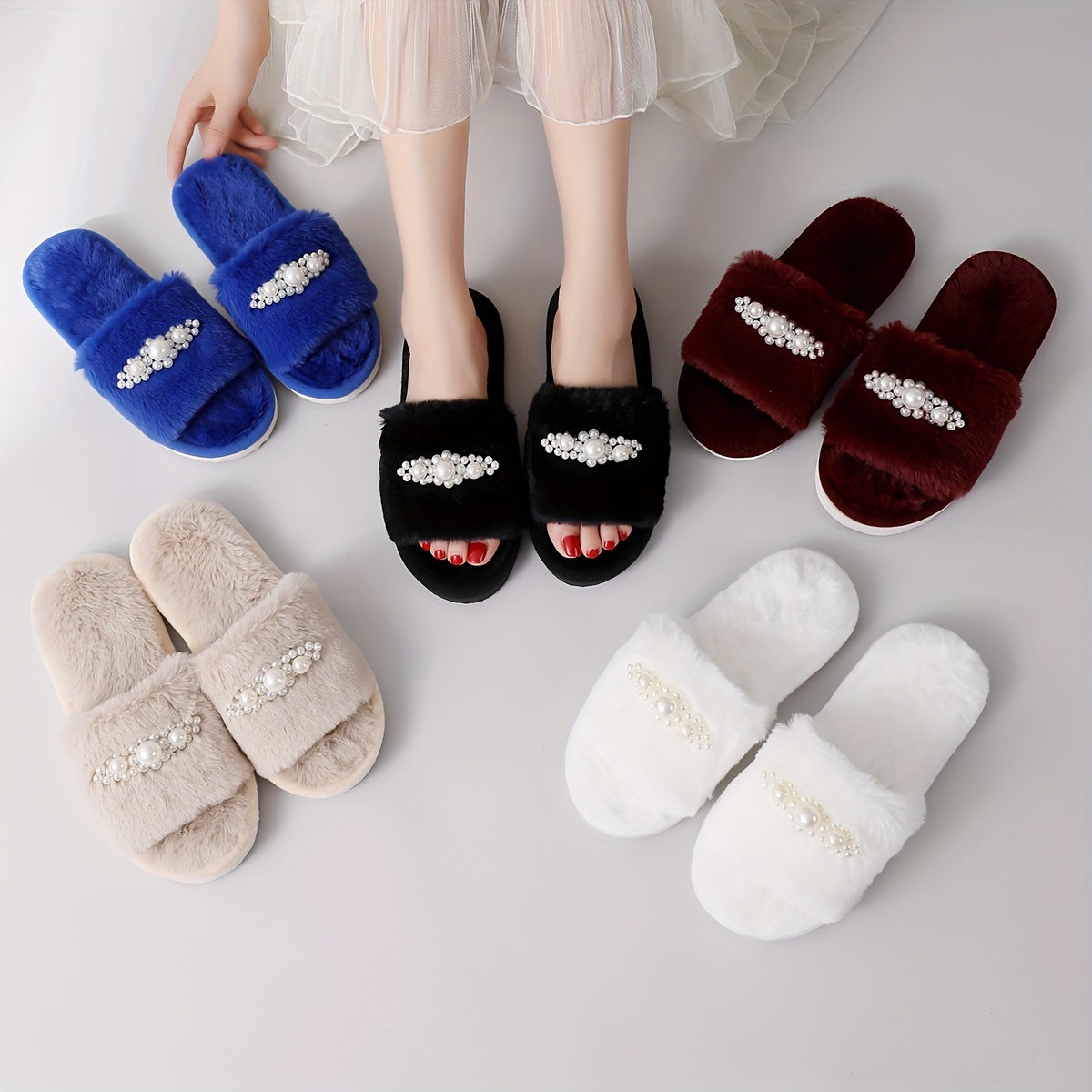 

Elegant Faux Pearl Home Slippers, Plush Lined Soft Sole Bedroom Shoes, Non-slip Cozy Shoes