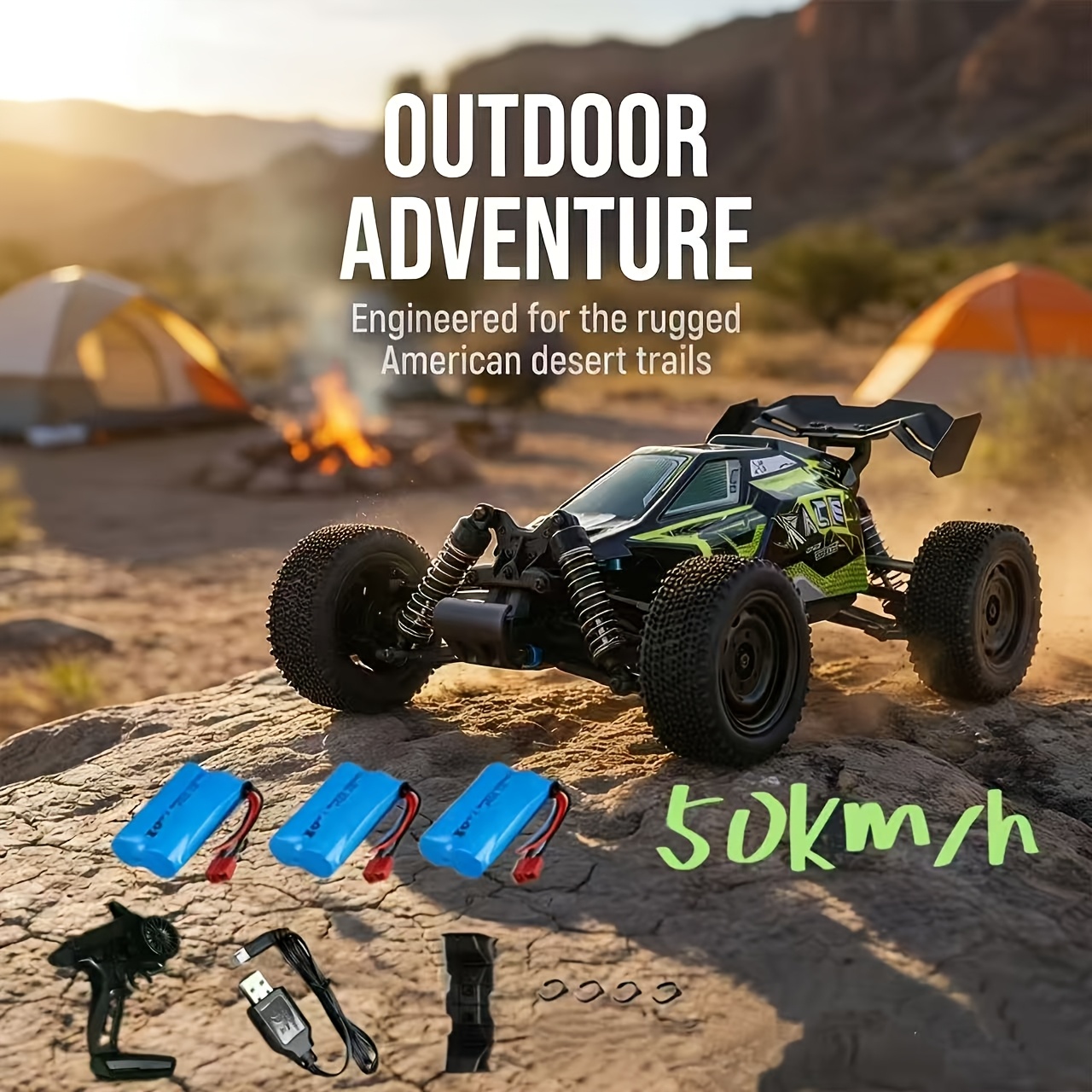 Image of "16201 Remote-control Car, 50 Km/h Edition: Metal Transmission, 390 Brushed Motor, Shock Absorbers, 3 Batteries Professional-grade Off-road Truck (green/yellow)"children's Gift