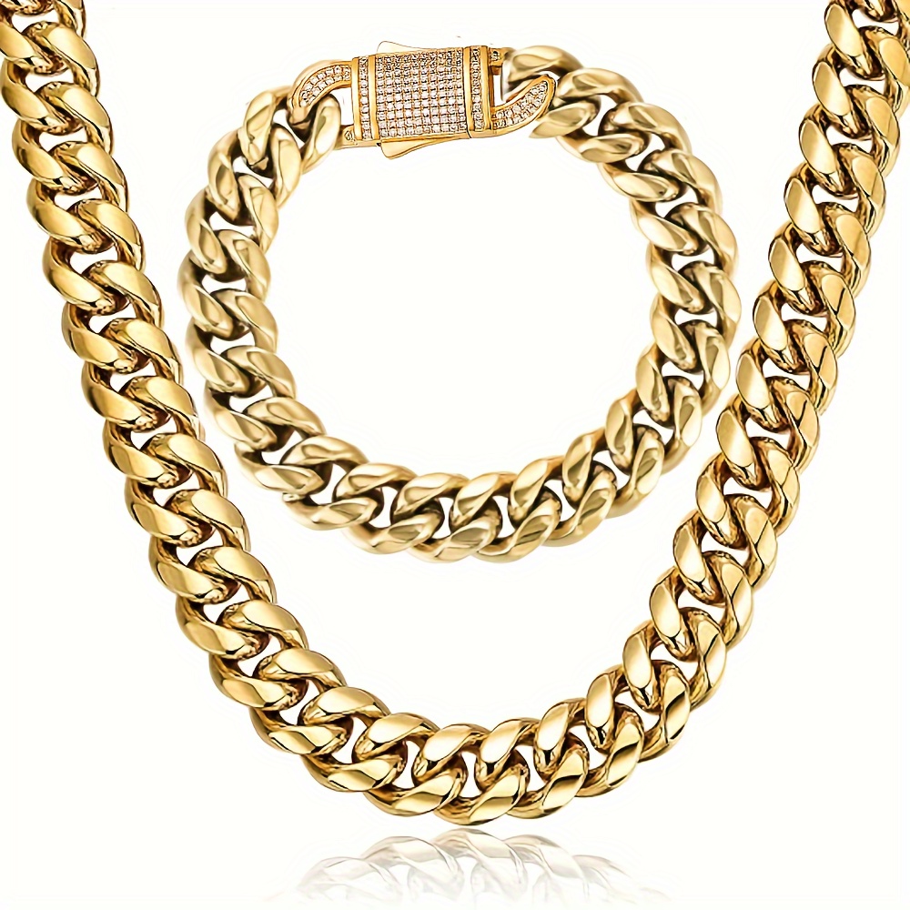 

2pcs Thick 18k Gold Plated Hip Hop Jewelry Set Stainless Steel 14mm Men Cuban Link Chain Ear Zircon Buckle Necklace Bracelet