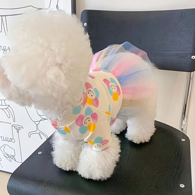 

Colorful Cartoon Pattern Knitted Tulle Dress For Dogs - Spring Summer Autumn - For Small To Medium Breeds, Polyester Fabric, Pullover Design