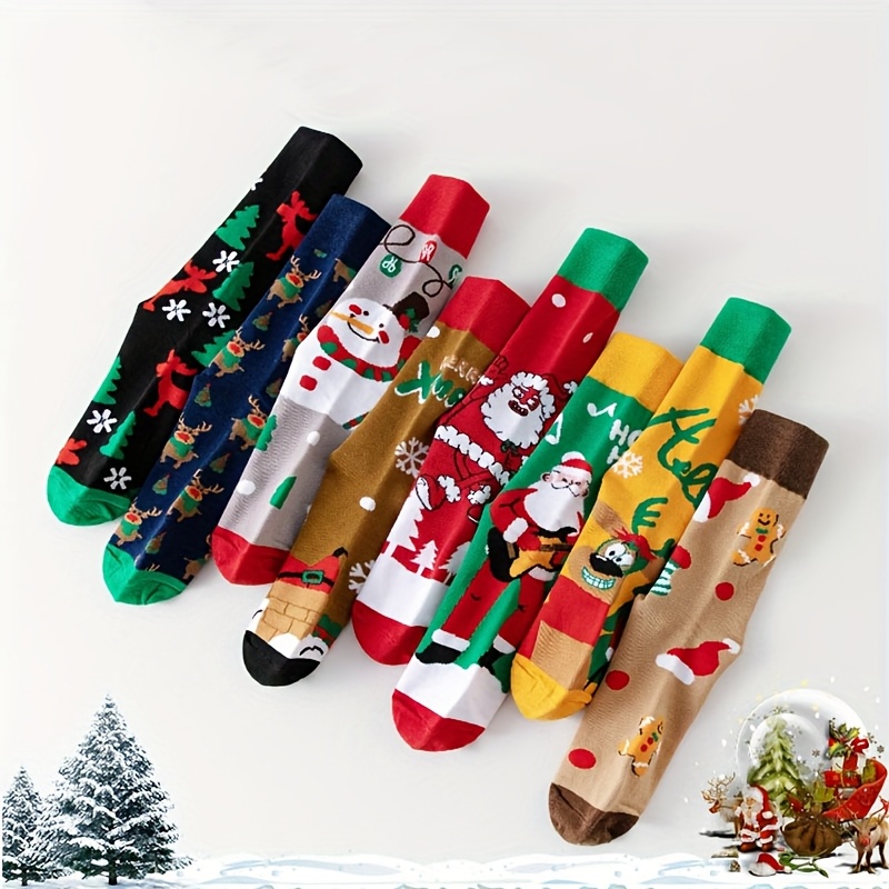 Image of 5 Pairs Of Men's/women's Socks Featuring Christmas-themed Designs With Santa, Reindeer, And Snowflakes. Mid-calf Socks Are New For Autumn And Winter, Providing , , And A Stylish Look