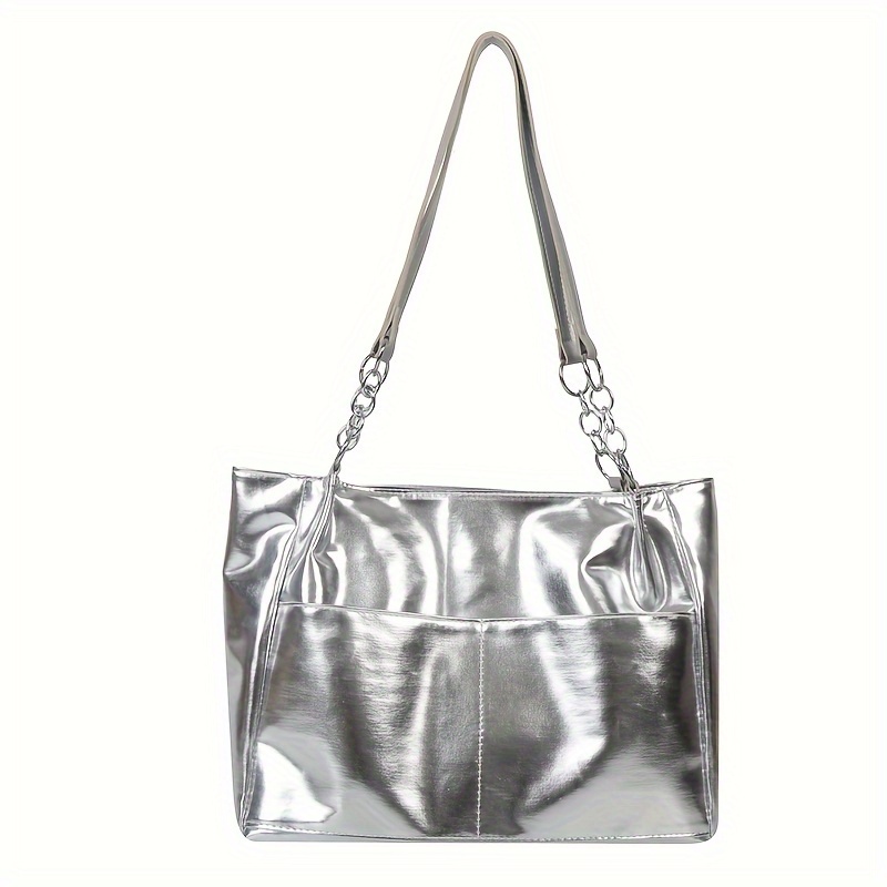 

Trendy Chain Tote Bag, Metallic Color Shoulder Bag, Large Capacity Fashion Handbag For Women